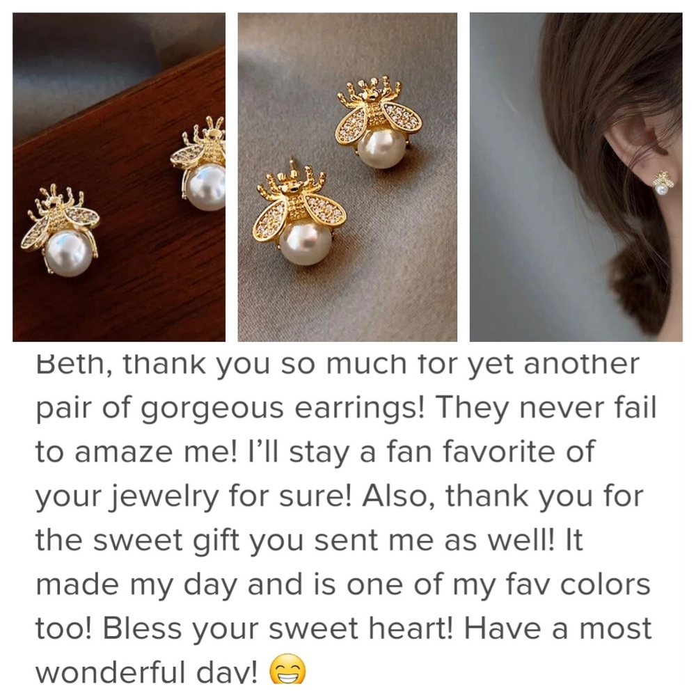 Bee Earrings Pearl Rhinestone  Gold Vermeil S925 Studs - Picture 4 of 14